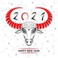 Bull, ox head drawing, Happy New Year 2021 greeting card